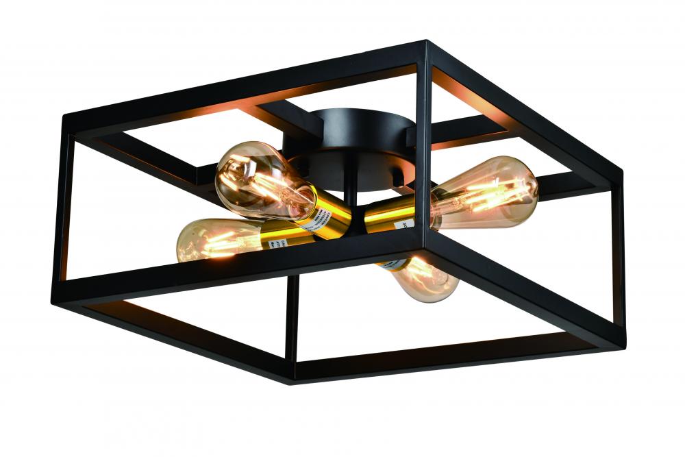 16" 4x60 W Semi-Flush Mount in black finish with Gold sockets : Dimension : 16"x16"x7.5&