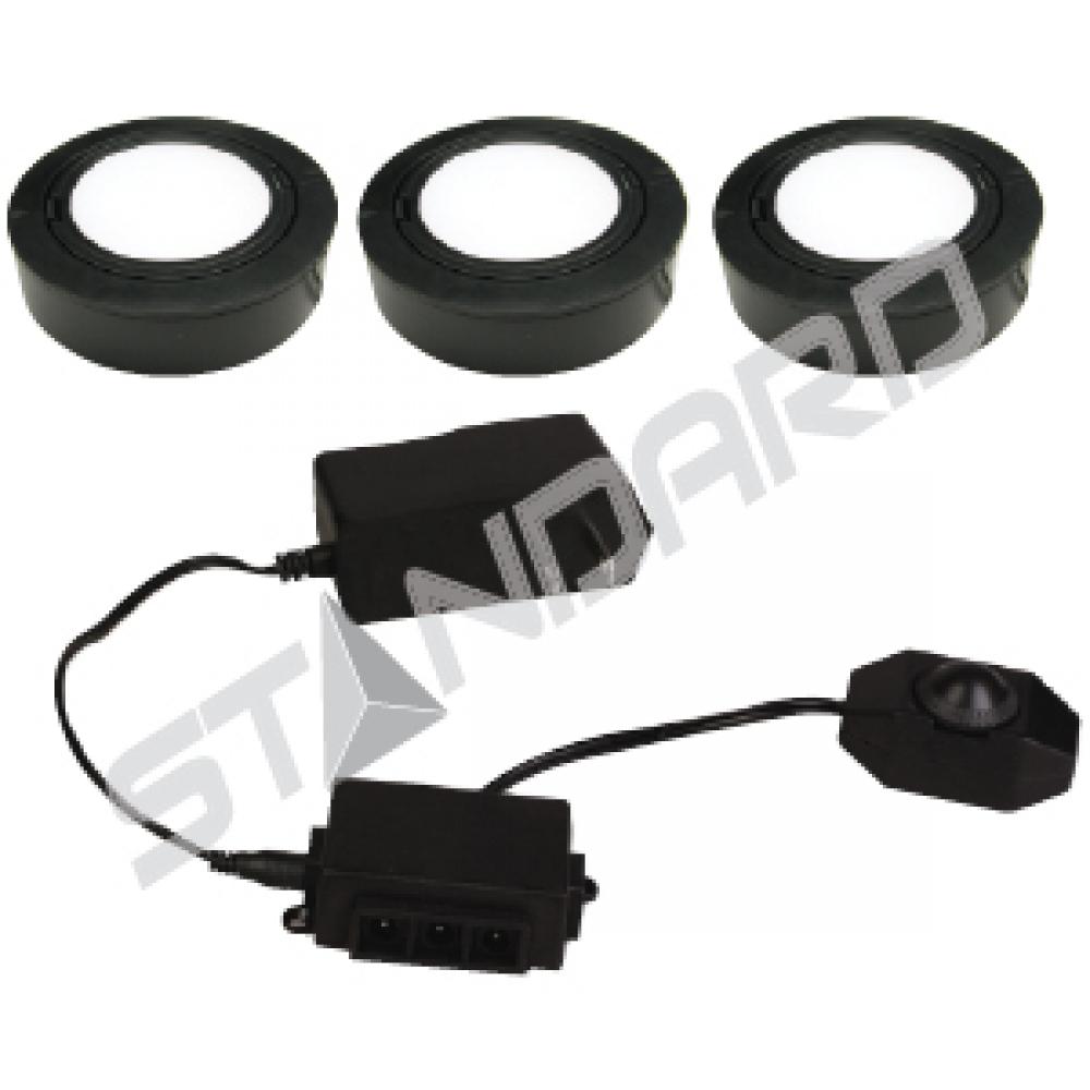 UNDERCABINET KIT OF 3 LOW VOLTAGE PUCKS 10 W 15 V 3000K BLACK 400 LM