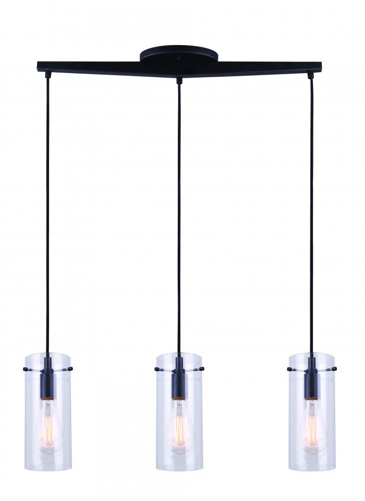 JONI, IPL759A03BK -G-, MBK Color, 3 Lt Pendant, Clear Glass, 100W Type A, 29.875inch W x 19 - 61inch