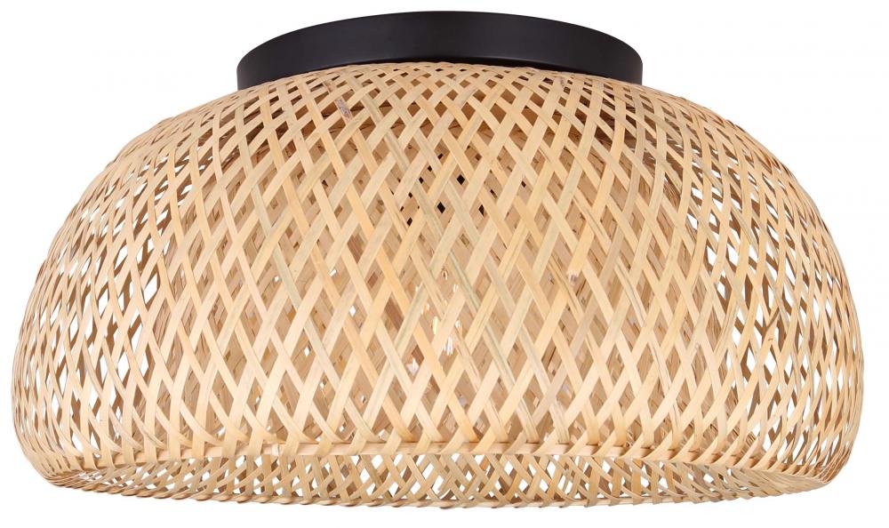 Sariel 18 in. 1-Light 60-Watt Modern Matte Black Flush Mount with Natural Bamboo Shade