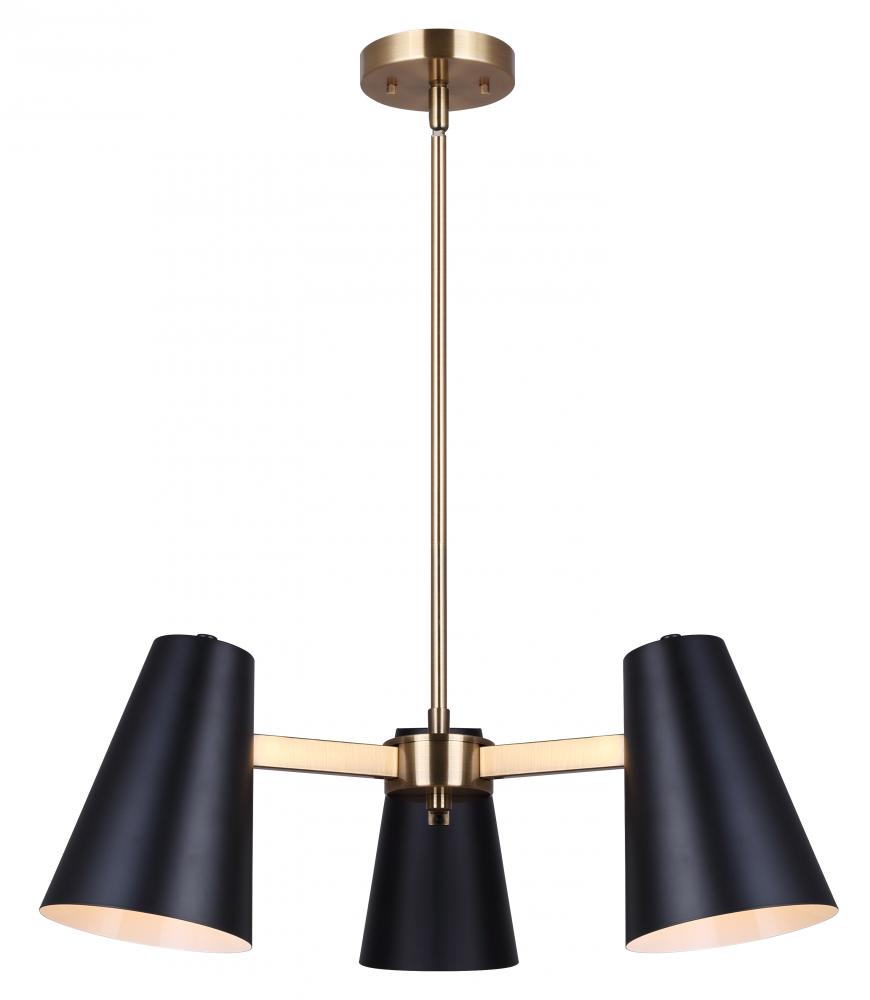 HARKEN 3 Light Matte Black and Gold Contemporary Chandelier for Dining Rooms and Living Rooms