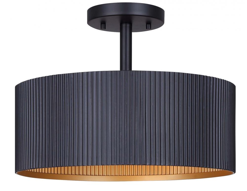 Rexton 13 in. 2-Light 60-Watt Modern Matte Black Semi-Flush Mount with Matte Black and Gold Metal Sh